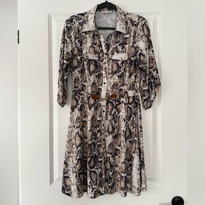 Snake-Print Midi Shirt Dress with Waist Tie - Beige & Black